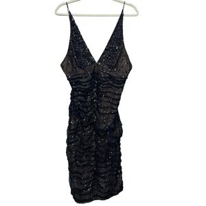 NiteLine Black Sequin Ruched V Neck Spaghetti Strap Party Cocktail Dress Size 12